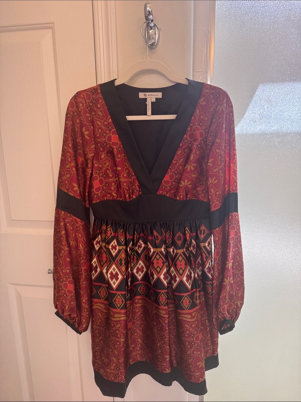 BCBGeneration Burgundy & Black Printed Long Sleeve Mini Dress